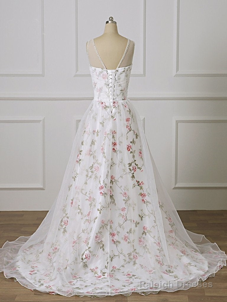 Print Floral Straps Lace Appliques White Long Prom Dresses