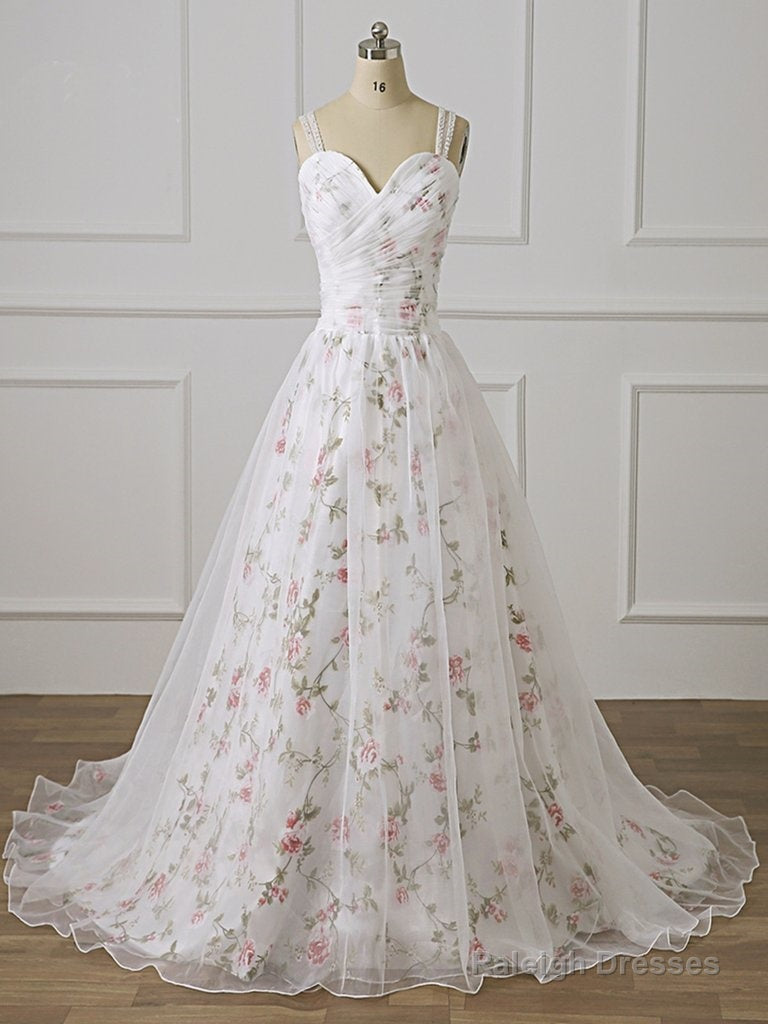 Print Floral Straps Lace Appliques White Long Prom Dress Main image