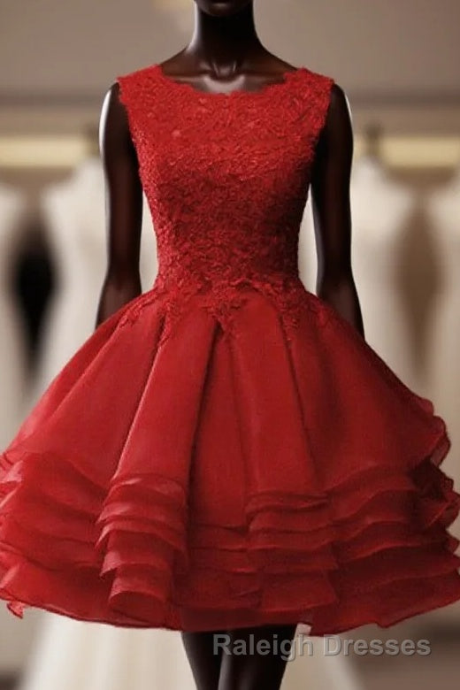 Red Round Neckline Layers Short Prom Dress, Red Lace Homecoming Dress Main image