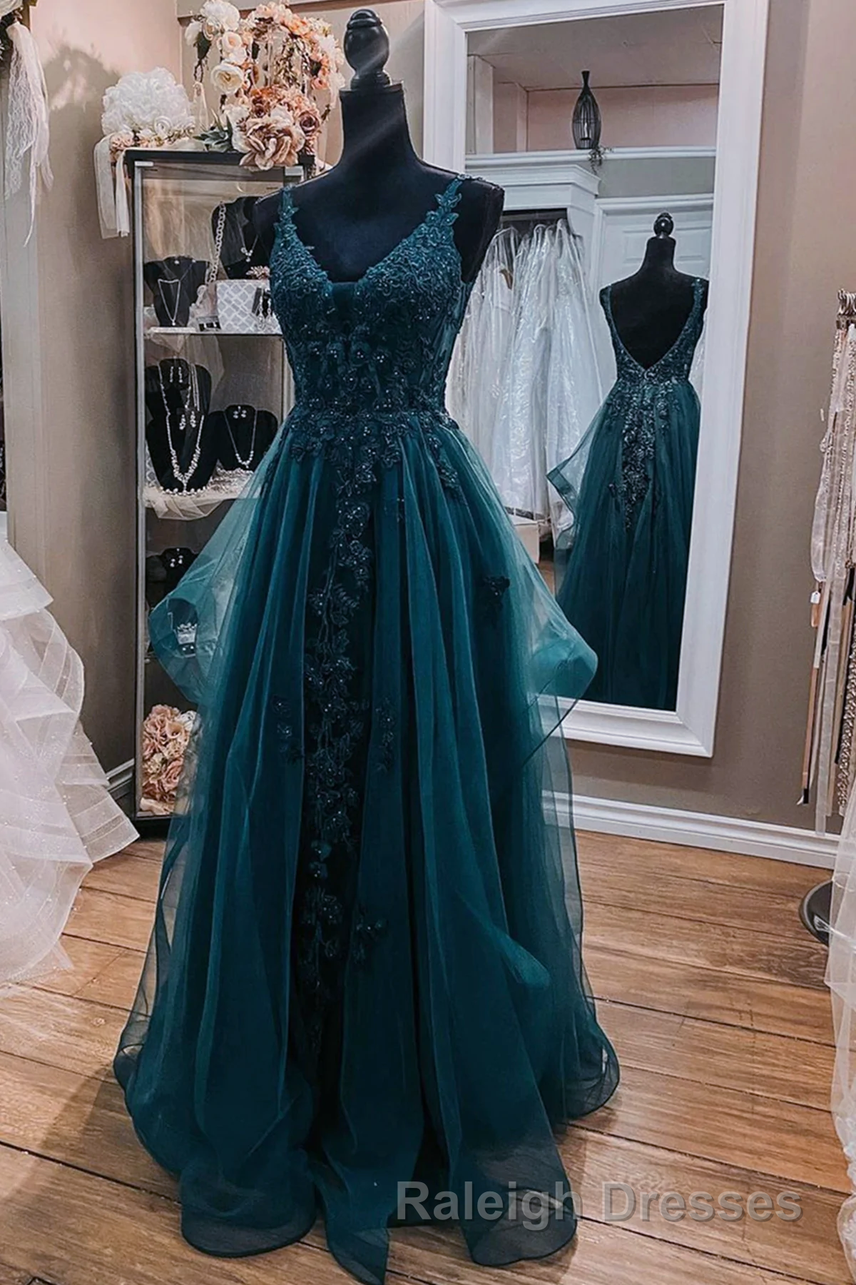 Teal Blue Tulle V-Neckline Long Party Dress With Lace, Teal Blue Long Prom Dress Secondary image