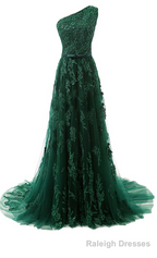 Forest Green Prom Dresses, Lace Tulle Floor Length Prom Dress Featuring One Shoulder Bodice With Bow Accent Belt