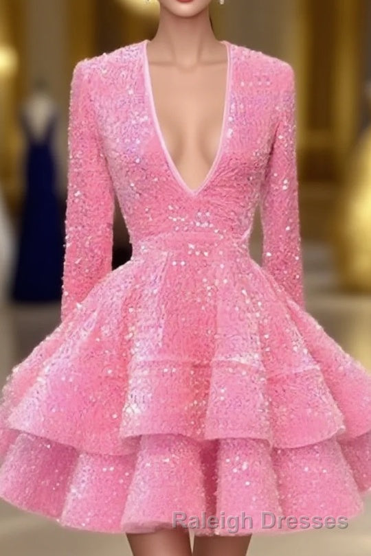 Pink Cocktail Dresses A-Line V-Neck Long Sleeve Shiny Sequin Homecoming Dresses Main image
