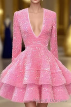 Pink Cocktail Dresses A-Line V-Neck Long Sleeve Shiny Sequin Homecoming Dresses