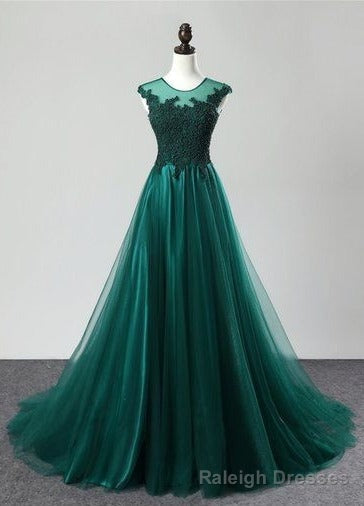 Deep Green Tulle Beaded Sweep Train Formal Prom Dress, Evening Dress Main image