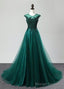 Deep Green Tulle Beaded Sweep Train Formal Prom Dress, Evening Dress