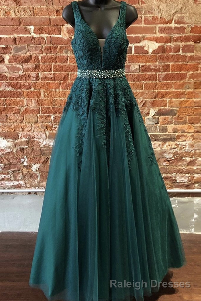 Deep Green Prom Dresses, Tulle Lace V Neck Long Prom Dress Formal Dress Main image
