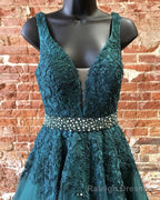 Deep Green Prom Dresses, Tulle Lace V Neck Long Prom Dress Formal Dress