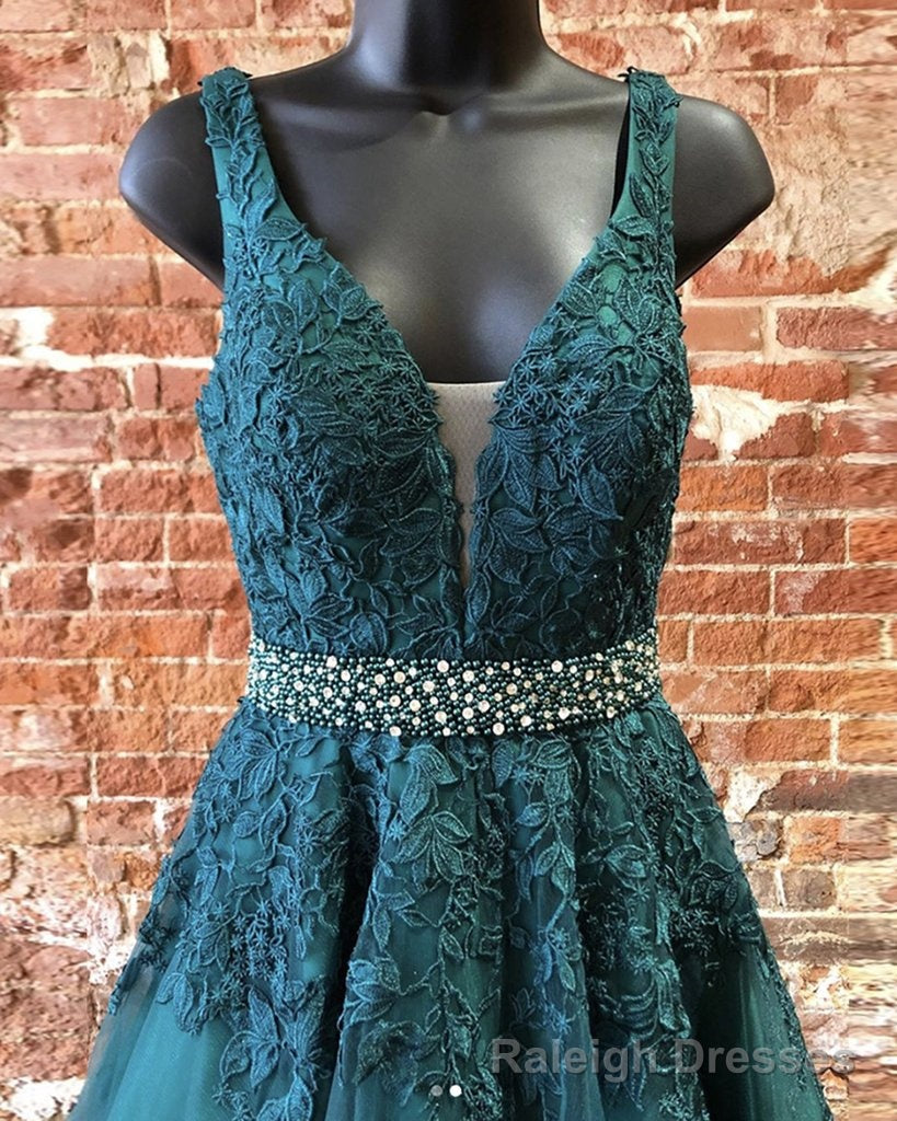 Deep Green Prom Dresses, Tulle Lace V Neck Long Prom Dress Formal Dress