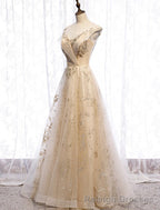 Champagne Tulle Sequins Long Prom Dress Evening Gown