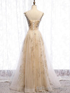 Champagne Tulle Sequins Long Prom Dress Evening Gown
