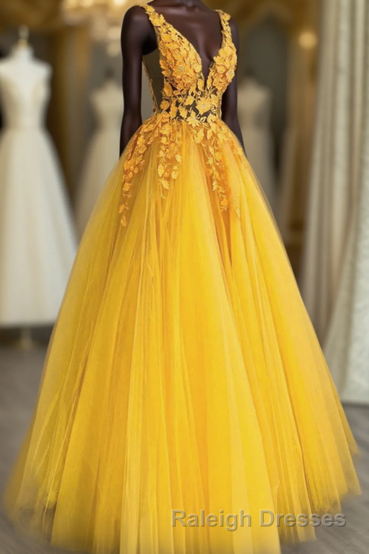 Yellow Tulle With Lace Applique Long Party Dress, A-Line Yellow Formal Dress Main image