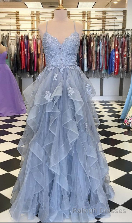 Blue Gray Tulle Ruffles Long Spaghetti Straps Evening Dress, Prom Dress Main image