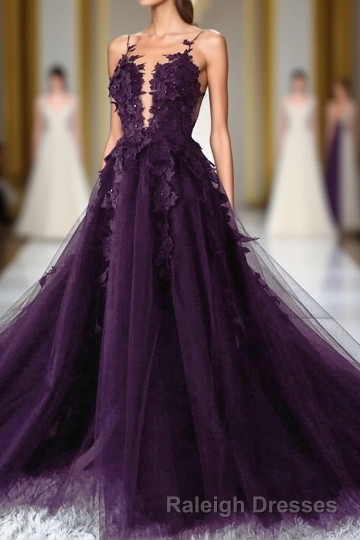Dark Purple Tulle With Lace Applique Long Wedding Party Dress, Purple Formal Dress Main image