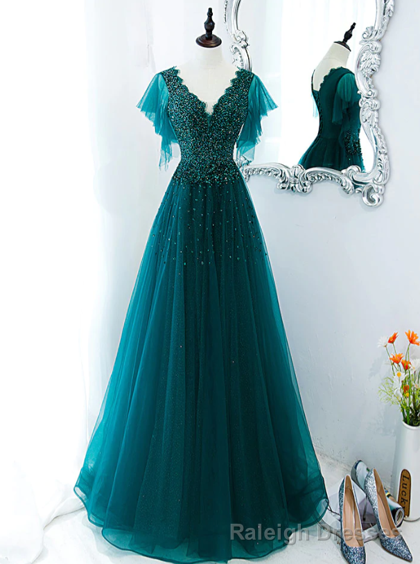 Green Prom Dresses, V Neck Tulle Sequin Beads Long Prom Dress Hand Made Evening Dress Main image