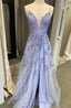 A Line Floral Lace V Neck Prom Dress With Slit