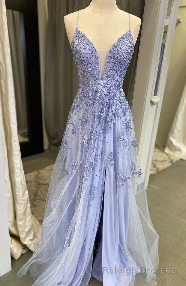 A-line Floral Lace V Neck Prom Dress With Slit Main image
