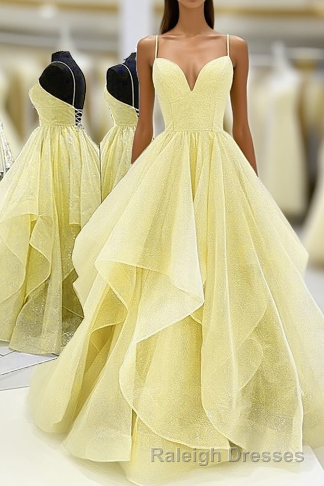 Light Yellow Tulle Straps Long Prom Gown, Lace-Up Tulle Evening Dresses Main image