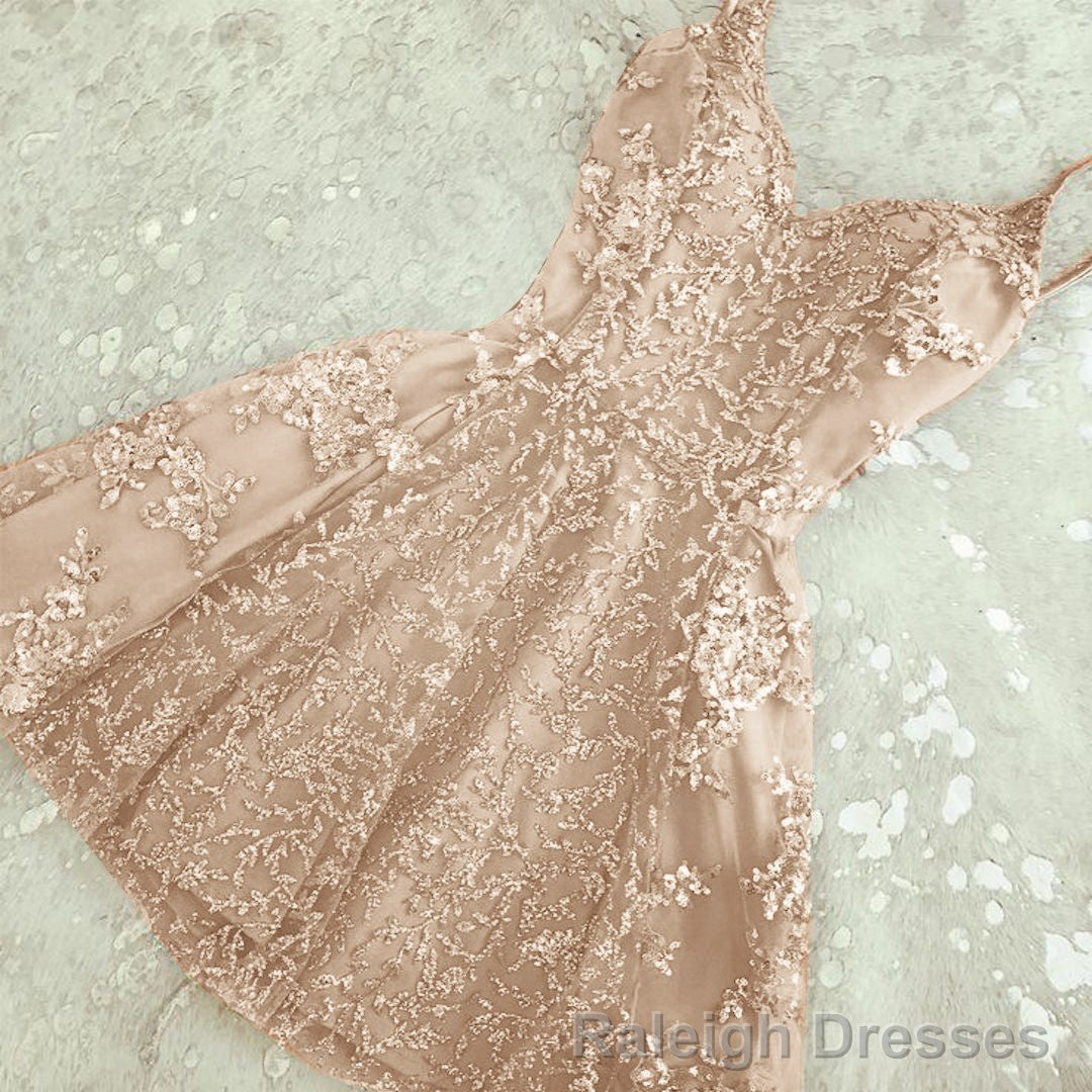 A Line Spaghetti Straps Champagne Short Short Cute Prom Dresses