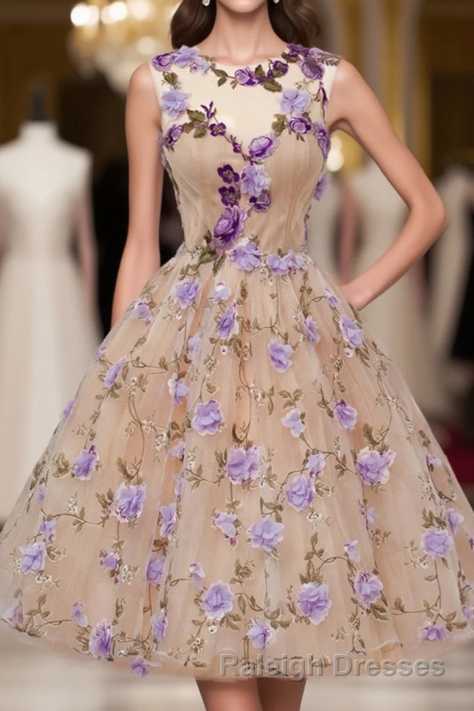 A Line Jewel Tea Length Open Back Champagne Tulle With Appliques Flowers Short Homecoming Dress Main image