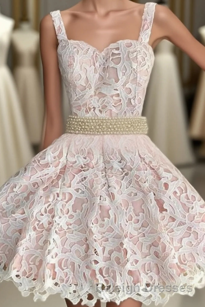 Adorable Two Piece A Line Lace Short Short Homecoming Dresses