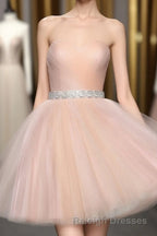 Strapless Blush Pink Tulle Short With Sash Sweet 16 Cute Prom Dress