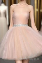 Strapless Blush Pink Tulle Short With Sash Sweet 16 Cute Prom Dresses
