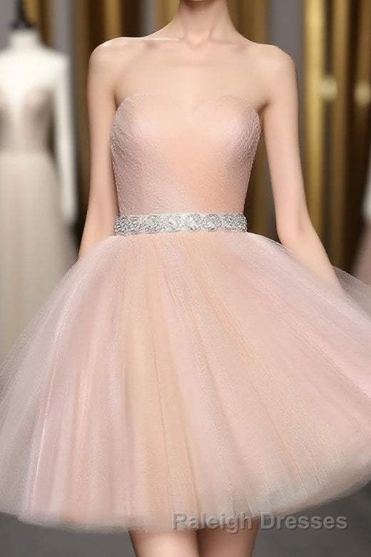 Strapless Blush Pink Tulle Short With Sash Sweet 16 Cute Prom Dresses
