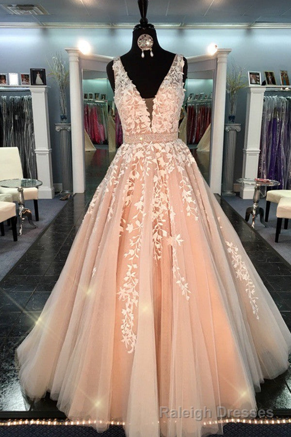 modest prom Gown deep v neck prom dresses handmade lace tulle a line quinceanera dresses Main image
