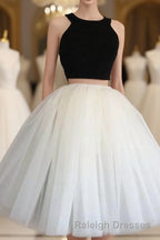 Two Piece Halter Knee Length Short Sleeveless Black Ivory Tulle Homecoming Dress