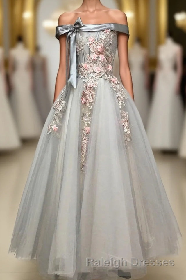 Light Grey Tulle Off Shoulder Flower Lace A Line Prom Dresses Main image