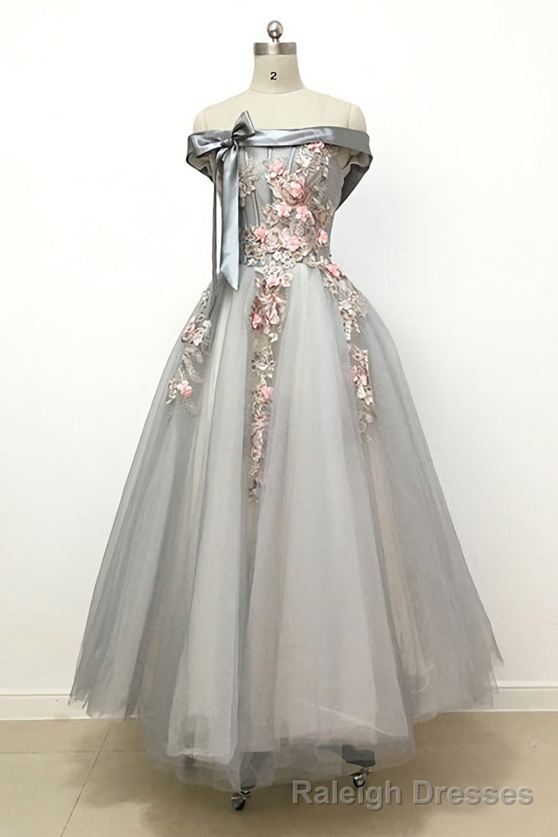 Light Grey Tulle Off Shoulder Flower Lace A Line Prom Dresses