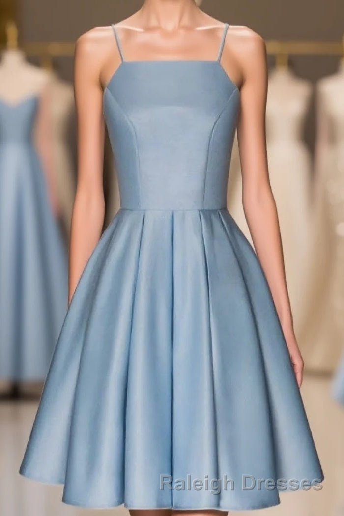Sky Blue A Line Satin Blue Spaghetti Straps Short Prom Dress Main image