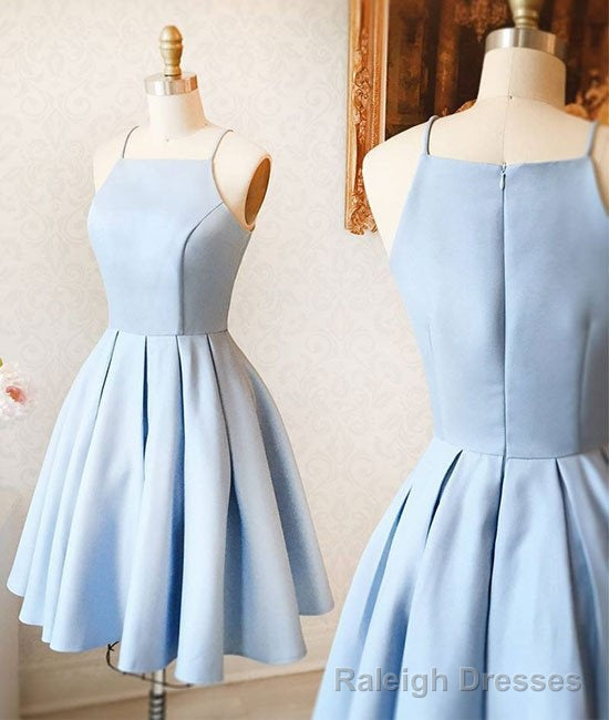cute a line halter light blue short homecoming prom dress short simple satin baby blue Prom dress Main image