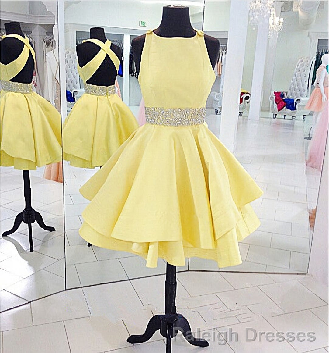 Yellow es Cross Back Short Cute Beading Prom Dresses Main image