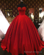 Sweetheart Wine Red Lace Appliques Red Princess Prom Dresses