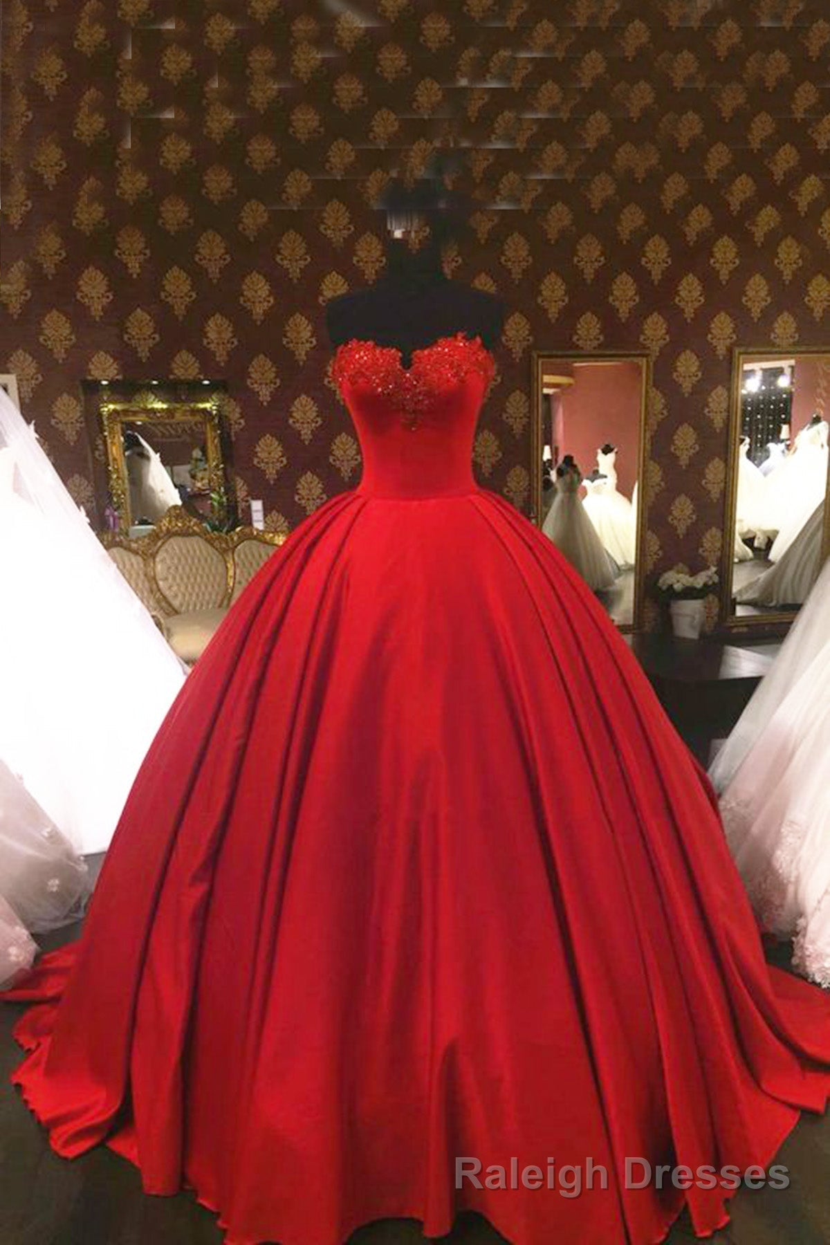 Sweetheart Wine Red Lace Appliques Red Princess Prom Dresses