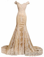 champagne prom dresses lace elegant appliques tulle mermaid Prom dresses v neck celebrity Prom dresses