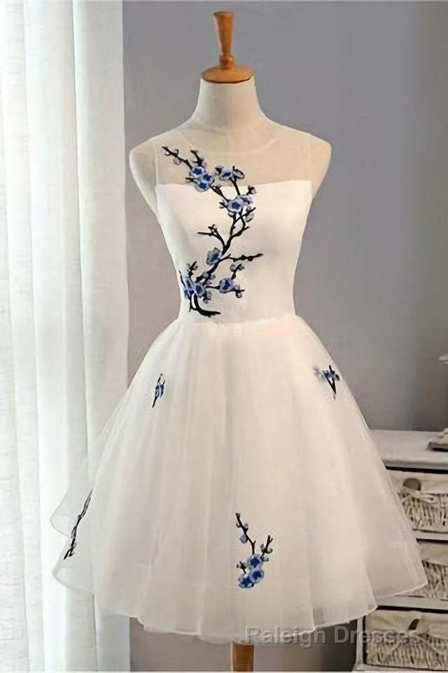 Cheap A Line Short White Tulle Sleeveless Summer For Girls Prom Dresses Secondary image