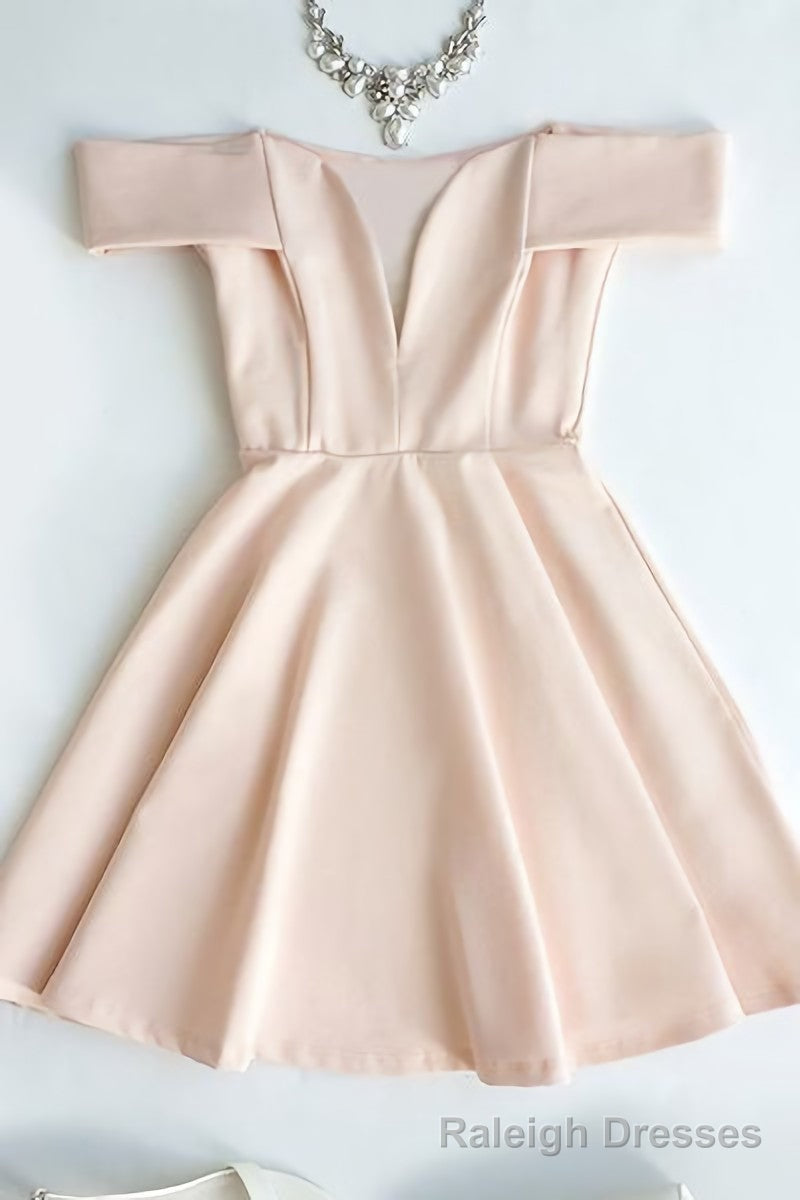 Cute Off The Shoulder Light Pink V Neck Short Prom Dresses Main image