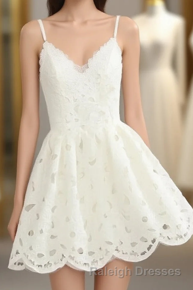 Cute White Lace Short Lace Spaghetti Straps Prom Dresses Main image