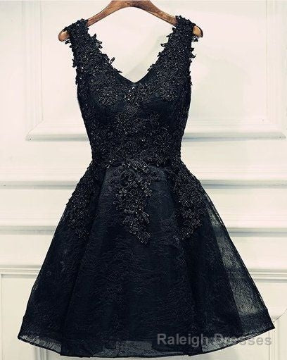 black v neck beading homecoming dresses v neck  short prom dresses sleeveless short lace appliques layers cocktail dresses Main image