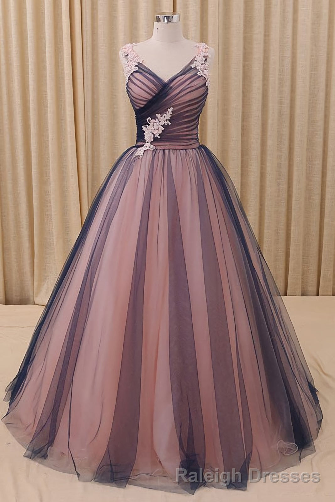 Charming A Line V Neck Navy Blue Princess Tulle Prom Dresses Main image