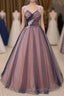 Charming A Line V Neck Navy Blue Princess Tulle Prom Dresses