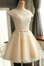 Champagne Lace Short s Cap Sleeve Prom Dresses