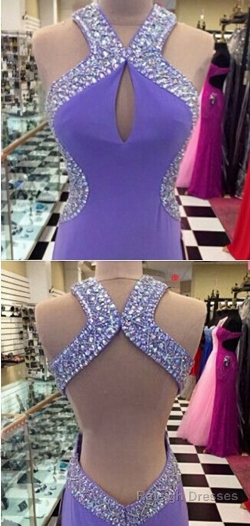 Beaded A-line Lavender Purple Halter Neck Backless Long Evening Dresses Main image