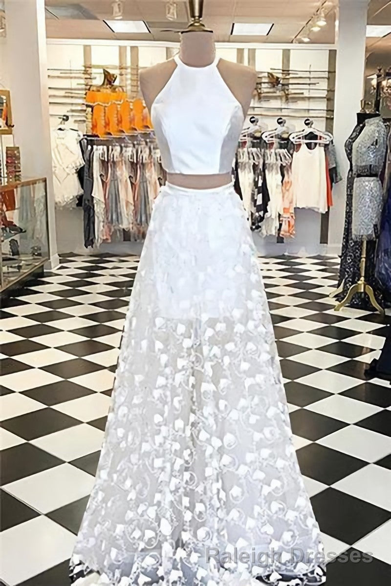 Two Piece A Line Jewel White Floor Length Appliques Prom Dresses Main image