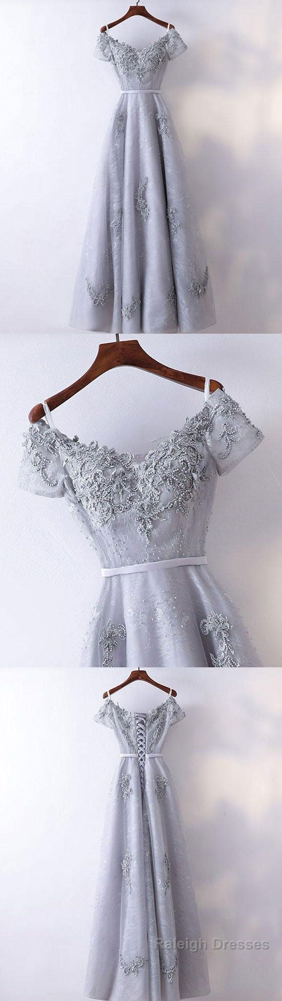 Gray V Neck Tulle Lace Applique Long Prom Dress, Lace Prom Dress, Gray Bridesmaid Dress