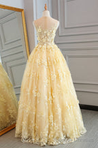 Yellow Lace Customize Long A Line Senior Halter Prom Dresses