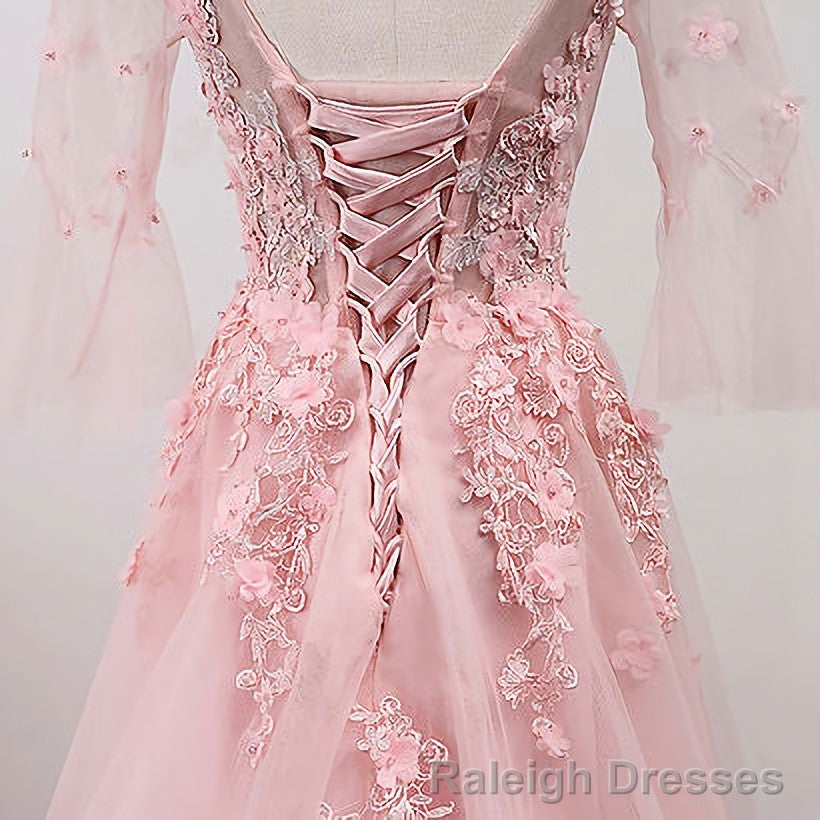Pink Lace A Line Long Tulle Prom Dresses Secondary image