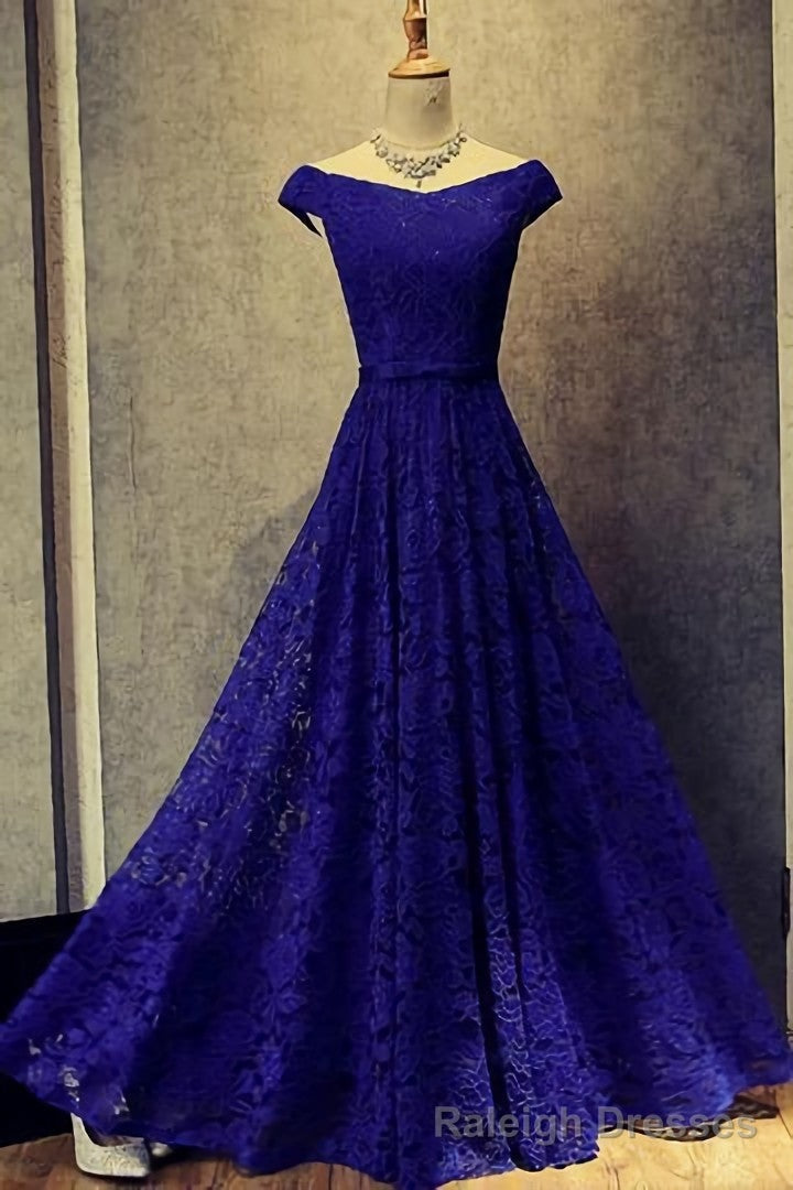 Royal Blue Lace Long Off Shoulder Prom Dresses Secondary image